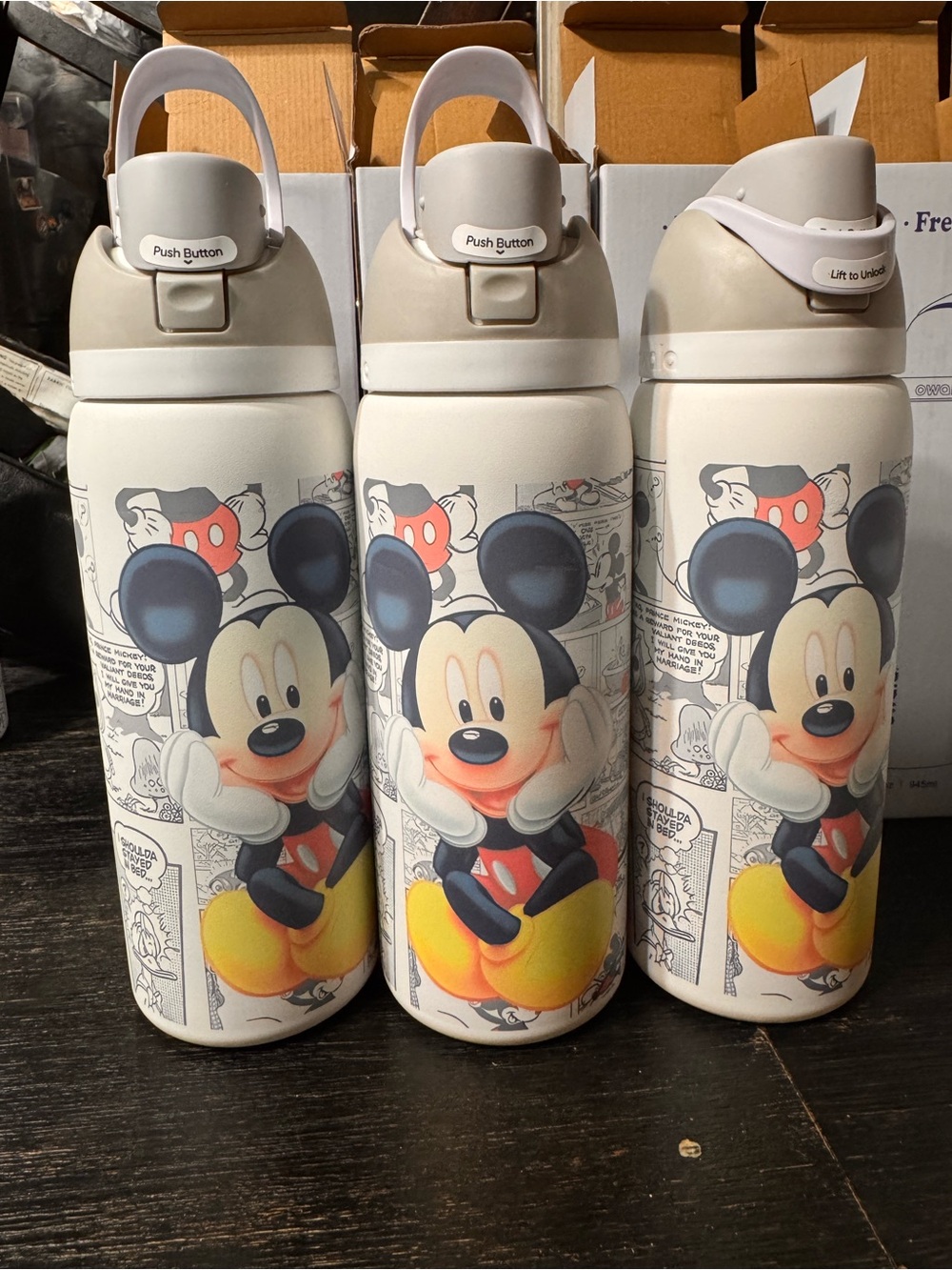 Mickey Mouse White Cartoon Stainless Steel Travel Water Bottle - Push Button Lid